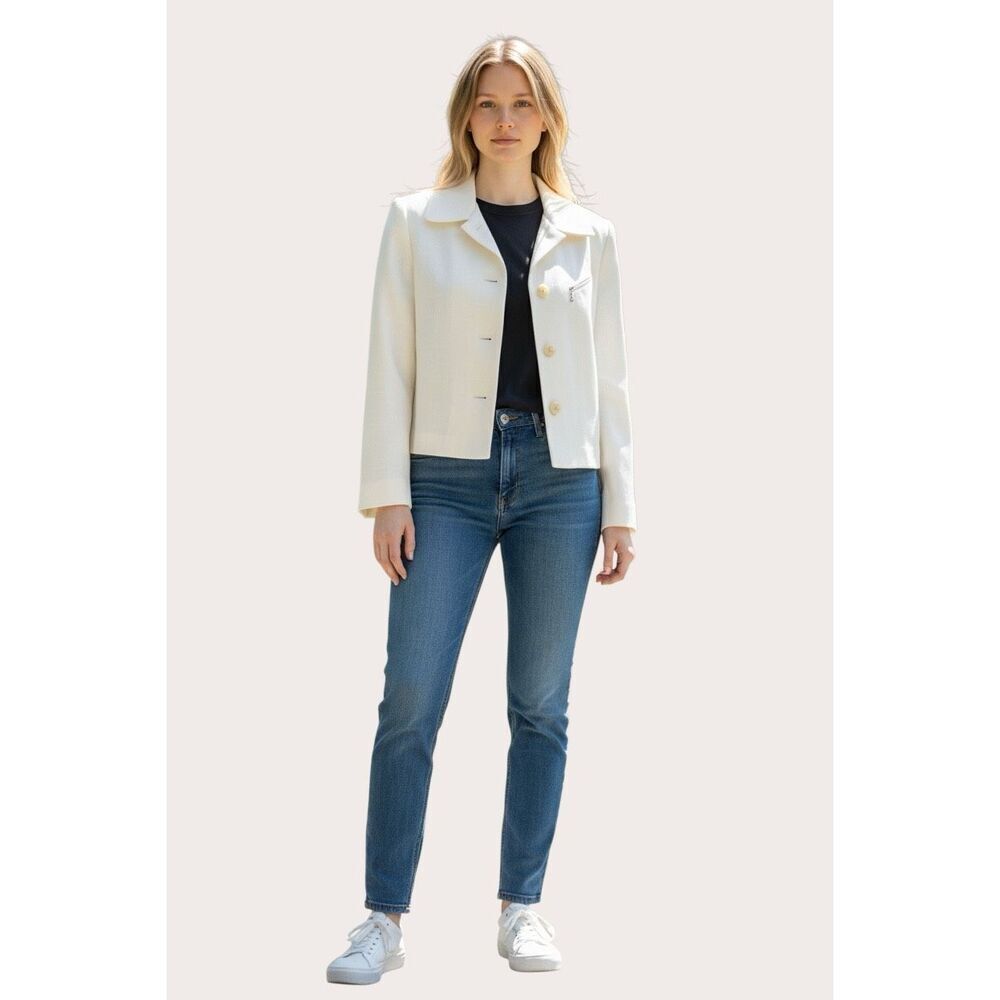 Vintage Gantos Petite White Cropped Blazer Jacket Zip Pocket Size 6P